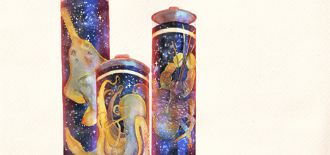 Artist’s illustration of specimens in jars. It is painted in watercolour - animals in jars, but the liquid is outerspace 