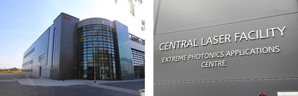 Two photographs showing the Extreme Photonics Applications Centre at the Central Laser Facility: an exterior view of the modern glass‑fronted building on the left, and a close‑up of the building signage reading “Central Laser Facility – Extreme Photonics Applications Centre” on the right.